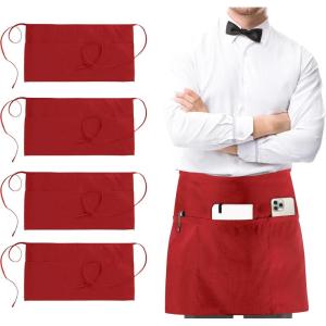 imageUtopia Wear 4 Pack Server Apron with 3 Pockets Waist Apron for Waiter Waitress 12 InchesRed