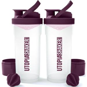 imageUtopia Home Shaker Bottle 2 Pack  24 Ounce Plastic Protein or Cocktail Shaker Bottle for Pre ampamp Post workout with Twist ampamp Lock Protein Box Storage All Black ampamp ClearBlackClearPlum