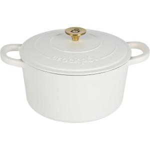 imageCrockPot Artisan Round Enameled Cast Iron Dutch Oven 7Quart Pistachio GreenMatte Linen White w Gold Knob