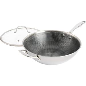 imageKenmore Elite Luke Hybrid 12quot TriPly Stainless Steel PFOA Free Nonstick Wok Pan WLid Metal Utensil SafeSilver