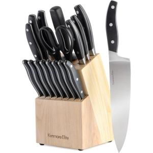imageKenmore Kane Stainless Steel Forged Triple Riveted Cutlery Knife Block Set 14Piece Glacier BlueBlackAshwood Block