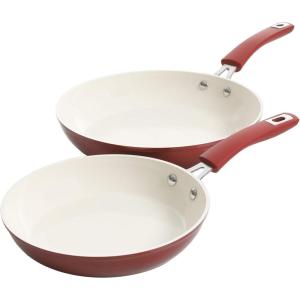 imageKenmore Nonstick Ceramic Coated Forged Aluminum Induction Cookware 2PC  Fry Pan Set Metallic BlueMetallic Red