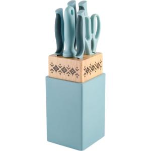 imageSpice by Tia Mowry Savory Saffron 14 Piece Cutlery Knife Block Set  GrayAqua Blue
