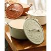 image7 Qt Cast Iron Dutch Oven WEmbossed Lid European Enamel ampamp Olive Wood Trivet  Matte TerracotaMatte Sage