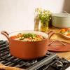 image7 Qt Cast Iron Dutch Oven WEmbossed Lid European Enamel ampamp Olive Wood Trivet  Matte TerracotaMatte Terracota