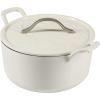 image7 Qt Cast Iron Dutch Oven WEmbossed Lid European Enamel ampamp Olive Wood Trivet  Matte TerracotaOat White