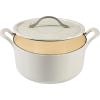 image7 Qt Cast Iron Dutch Oven WEmbossed Lid European Enamel ampamp Olive Wood Trivet  Matte TerracotaOat White