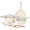 imageGibson Home Plaza Caf Forged Aluminum Healthy PFAFree Ceramic Pots and Pans Cookware Set 7Piece Set Lavender PinkLinen White