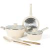 imageGibson Home Plaza Caf Forged Aluminum Healthy PFAFree Ceramic Pots and Pans Cookware Set 7Piece Set Lavender PinkLinen White
