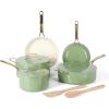 imageMartha Stewart Galway Premium Nonstick PFA Free Ceramic Interior 10 Piece Heavy Gauge Enamel Aluminum Pots and Pans Cookware Set WAluminum Lids  Sage Green WGold HandleSage Green w Gold Handles