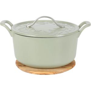 image7 Qt Cast Iron Dutch Oven WEmbossed Lid European Enamel ampamp Olive Wood Trivet  Matte TerracotaMatte Sage