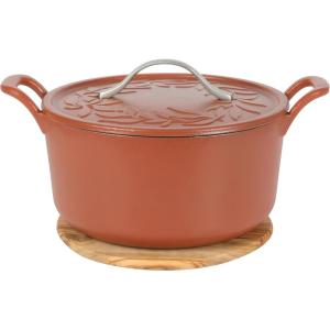 image7 Qt Cast Iron Dutch Oven WEmbossed Lid European Enamel ampamp Olive Wood Trivet  Matte TerracotaMatte Terracota