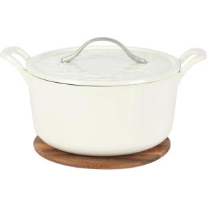 image7 Qt Cast Iron Dutch Oven WEmbossed Lid European Enamel ampamp Olive Wood Trivet  Matte TerracotaOat White