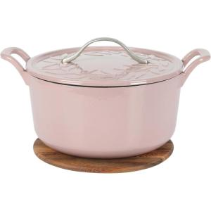 image7 Qt Cast Iron Dutch Oven WEmbossed Lid European Enamel ampamp Olive Wood Trivet  Matte TerracotaOrchid Pink