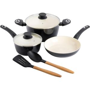 imageGibson Home Plaza Caf Forged Aluminum Healthy PFAFree Ceramic Pots and Pans Cookware Set 7Piece Set Lavender PinkBlack