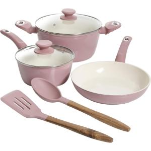 imageGibson Home Plaza Caf Forged Aluminum Healthy PFAFree Ceramic Pots and Pans Cookware Set 7Piece Set Lavender PinkLavender Rose