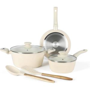 imageGibson Home Plaza Caf Forged Aluminum Healthy PFAFree Ceramic Pots and Pans Cookware Set 7Piece Set Lavender PinkLinen White