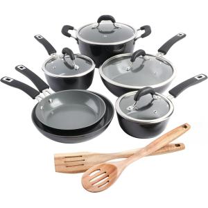 imageKenmore Pro Arbor Heights 7Layer Hard Anodized Induction Nonstick Platinum Forged Aluminum Cookware Set 10Piece BlackBlack ExteriorGrey Interior