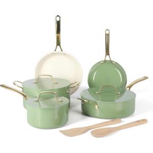imageMartha Stewart Galway Premium Nonstick PFA Free Ceramic Interior 10 Piece Heavy Gauge Enamel Aluminum Pots and Pans Cookware Set WAluminum Lids  Sage Green WGold HandleSage Green w Gold Handles
