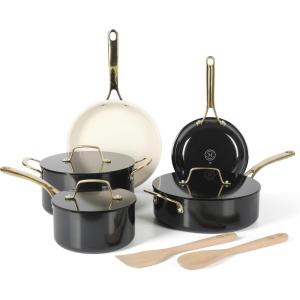 imageMartha Stewart Galway Premium Nonstick PFA Free Ceramic Interior 10 Piece Heavy Gauge Enamel Aluminum Pots and Pans Cookware Set WAluminum Lids  Sage Green WGold HandleBlack w Gold Handles