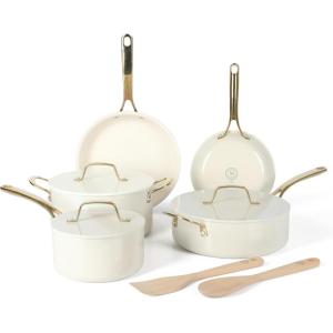 imageMartha Stewart Galway Premium Nonstick PFA Free Ceramic Interior 10 Piece Heavy Gauge Enamel Aluminum Pots and Pans Cookware Set WAluminum Lids  Sage Green WGold HandleLinen White w Gold Handles
