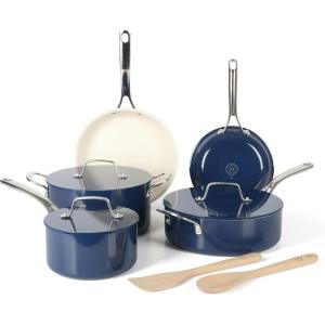 imageMartha Stewart Galway Premium Nonstick PFA Free Ceramic Interior 10 Piece Heavy Gauge Enamel Aluminum Pots and Pans Cookware Set WAluminum Lids  Sage Green WGold HandleNavy Blue