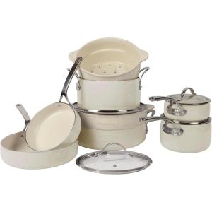 imageOprahs Favorite Things  12 Piece Aluminum Pots and Pans Cookware Set wNontoxic Ceramic Nonstick Ceramic Steamer Insert ampamp 12 Protective Care Bags  Oat White