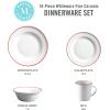 imageMartha Stewart Cliffield High Fired 16Piece Porcelain Chip and Scratch Resistant Plates Bowls and Mugs Dinnerware Set Service for 4  WhiteWhite w Red Rim