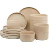 imageGibson Elite 16 Piece Dreamweaver Double Bowl Terracotta Reactive Dinnerware Set  Sand Cream Service for 4 16pcsEarthstone Taupe