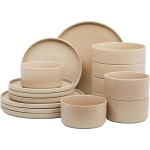 imageGibson Elite 16 Piece Dreamweaver Double Bowl Terracotta Reactive Dinnerware Set  Sand Cream Service for 4 16pcsEarthstone Taupe
