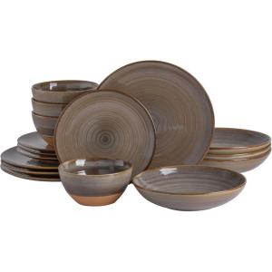 imageGibson Elite 16 Piece Dreamweaver Double Bowl Terracotta Reactive Dinnerware Set  Sand Cream Service for 4 16pcsEarthy Brown