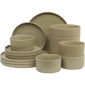 imageGibson Elite 16 Piece Dreamweaver Double Bowl Terracotta Reactive Dinnerware Set  Sand Cream Service for 4 16pcsGreen
