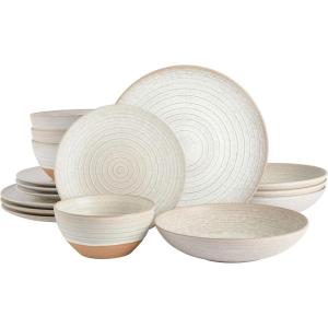 imageGibson Elite 16 Piece Dreamweaver Double Bowl Terracotta Reactive Dinnerware Set  Sand Cream Service for 4 16pcsSand Cream