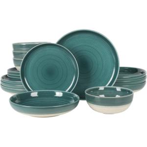 imageGibson Elite 16 Piece Dreamweaver Double Bowl Terracotta Reactive Dinnerware Set  Sand Cream Service for 4 16pcsTeal