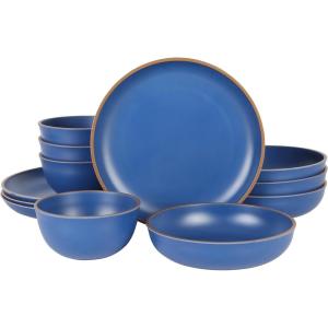 imageGibson Home Rockabye 12 Piece Double Bowl Melamine Dinnerware Set  Matte RedMatte Blue