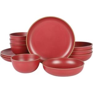 imageGibson Home Rockabye 12 Piece Double Bowl Melamine Dinnerware Set  Matte RedMatte Red