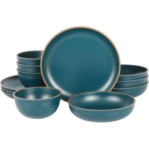 imageGibson Home Rockabye 12 Piece Double Bowl Melamine Dinnerware Set  Matte RedMatte Teal