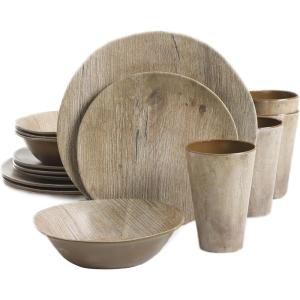 imageGibson Home Woodlands Round Melamine Plastic Dinnerware Set Service for Four 16pcs Wood
