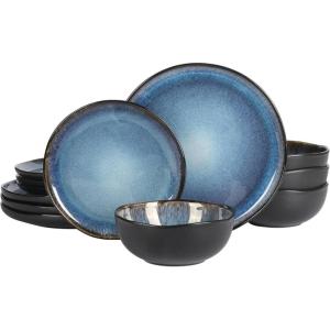imageGibson Soho Lounge Square Reactive Glaze Stoneware Dinnerware Set Service for 4 16pc AmberBlackBlue