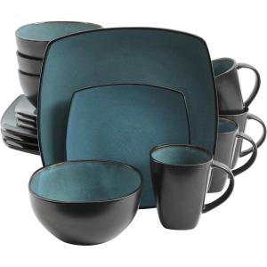 imageGibson Soho Lounge Square Reactive Glaze Stoneware Dinnerware Set Service for 4 16pc AmberForest GreenBlack