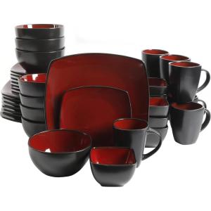 imageGibson Soho Lounge Square Reactive Glaze Stoneware Dinnerware Set Service for 4 16pc AmberRedBlack