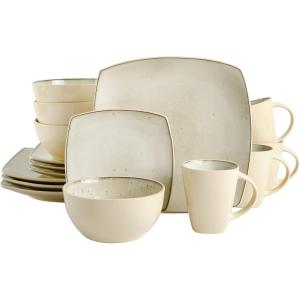 imageGibson Soho Lounge Square Reactive Glaze Stoneware Dinnerware Set Service for 4 16pc AmberSpeckled Taupe