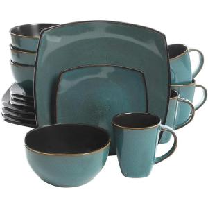 imageGibson Soho Lounge Square Reactive Glaze Stoneware Dinnerware Set Service for 4 16pc AmberTeal