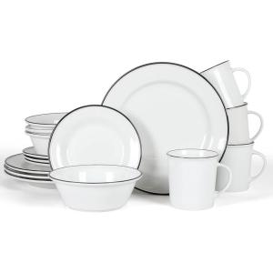imageMartha Stewart Cliffield High Fired 16Piece Porcelain Chip and Scratch Resistant Plates Bowls and Mugs Dinnerware Set Service for 4  WhiteWhite w Black Rim