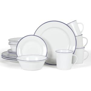 imageMartha Stewart Cliffield High Fired 16Piece Porcelain Chip and Scratch Resistant Plates Bowls and Mugs Dinnerware Set Service for 4  WhiteWhite w Blue Rim