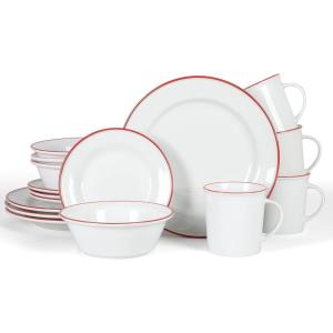 imageMartha Stewart Cliffield High Fired 16Piece Porcelain Chip and Scratch Resistant Plates Bowls and Mugs Dinnerware Set Service for 4  WhiteWhite w Red Rim