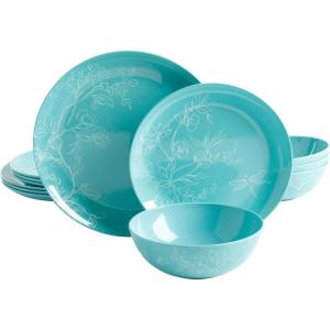 imageMartha Stewart Dragonfly Decorated Melamine Dinnerware Set  Teal Service for 4 12pcs