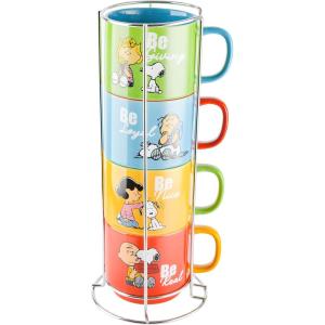 imagePeanuts Snoopy Gentle Reminders 15oz Stackable Mugs wMetal Rack Stoneware 4Pack Assorted Colors