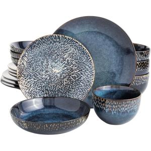 imageGibson Elite Matisse 16 Piece Double Bowl Dinnerware Set Cobalt Blue Service for 4 16pcs