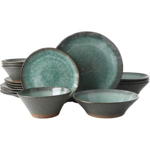 imageGibson Elite Mayfair Bay Embossed Double Bowl Dinnerware Set Service for 4 16pcs BlueGreen Lantern